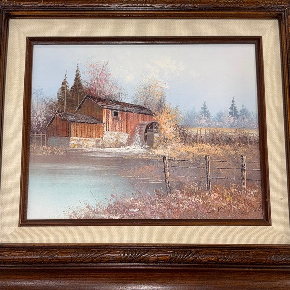 Rustic Barn Landscape Painting with Brown Frame - Picture 6 of 6